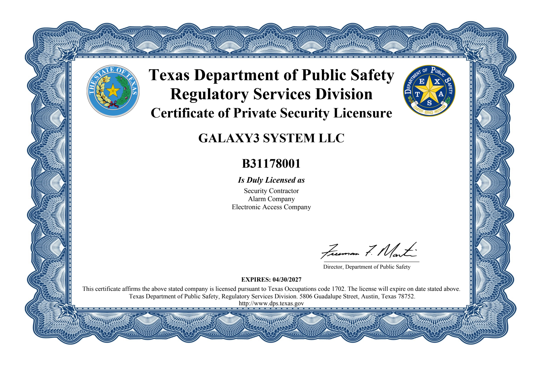 Texas Department of Public Safety Certificate of Private Security Licensure for GALAXY3 SYSTEM LLC, license B31178001