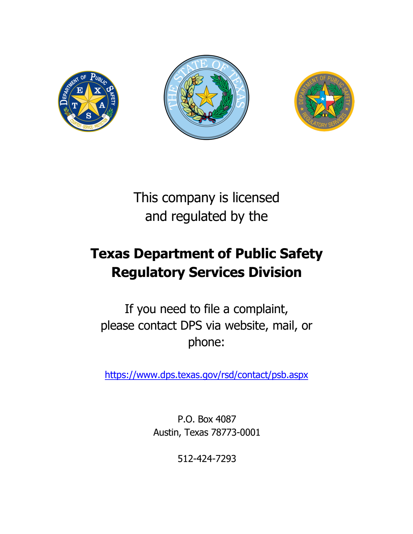 Texas Department of Public Safety consumer notice with complaint contact information